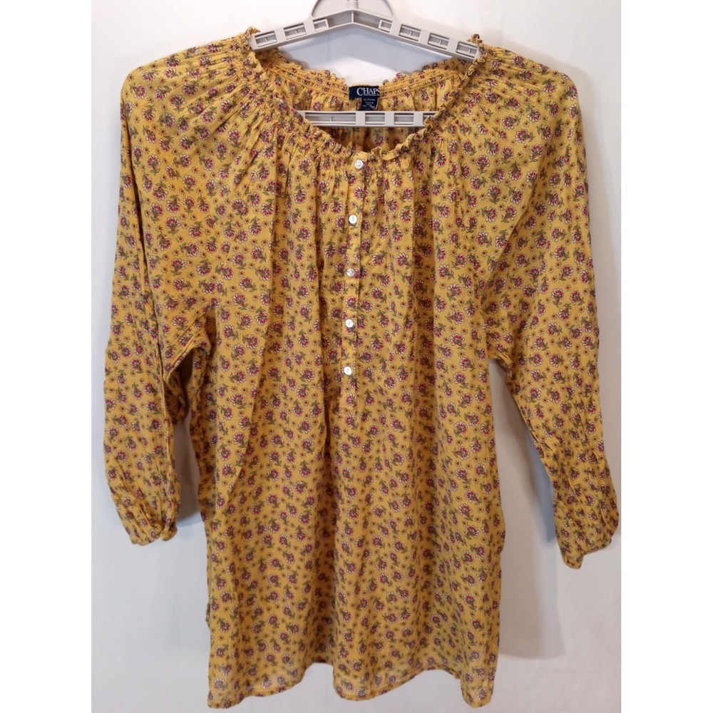 Chaps Smocked‎ Neck Women's Peasant Blouse Top, XL, Yellow, Flowers